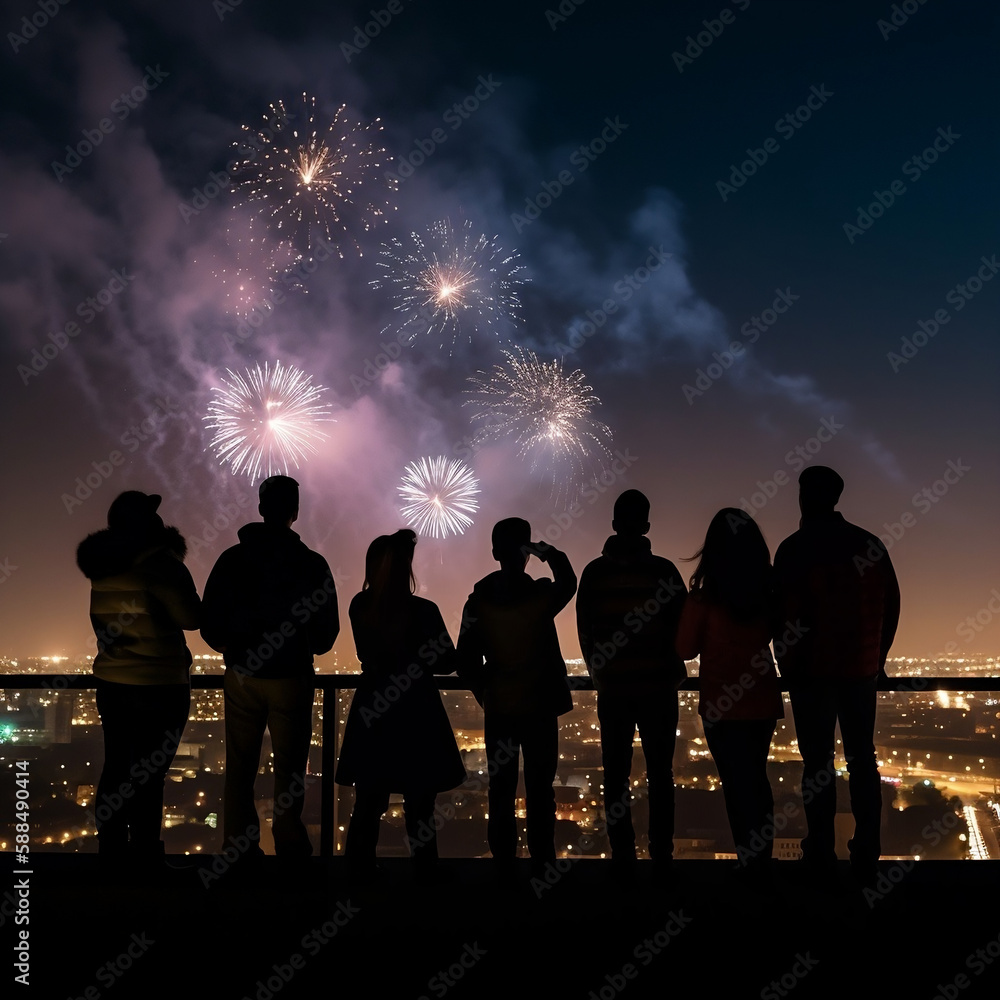 Fototapeta premium group of people at the party with fireworks
