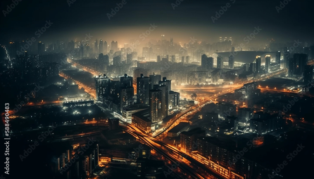 City nightlife illuminates the modern urban skyline generated by AI