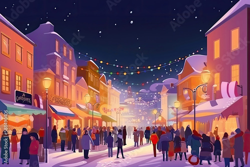 Nightlife street big crowd of people celebrate in snow season. Generative AI © Kanisorn