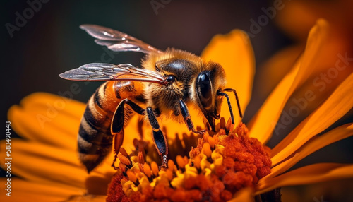 Busy honey bee picks up pollen from flower generated by AI