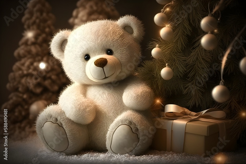  a white teddy bear sitting next to a christmas tree HD, realistic © VIX