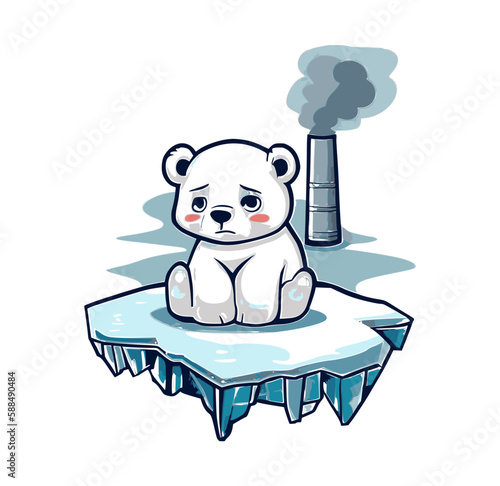 Sad polar bear stranded on a small ice floe, with a smoking factory chimney in the background. Perfect for global warming designs.