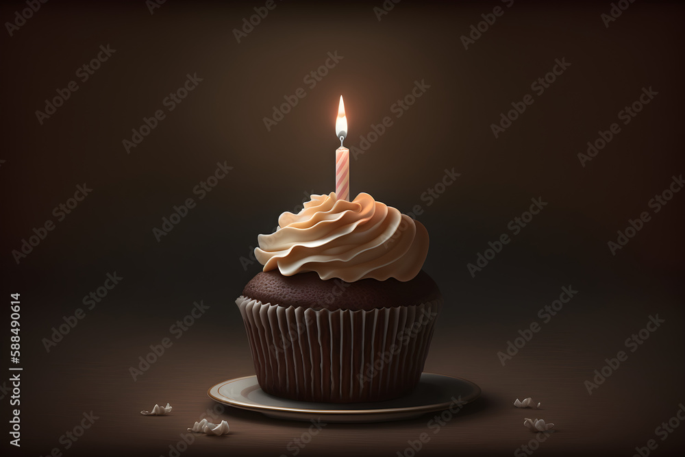 a cupcake with a single candle on top of it HD, realistic a cupcake with a single candle on top of it HD, realistic