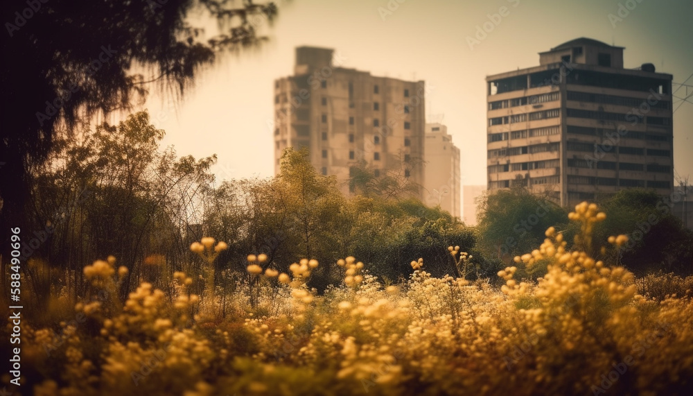 Obraz premium Sunset skyline Modern city reflected in water generated by AI