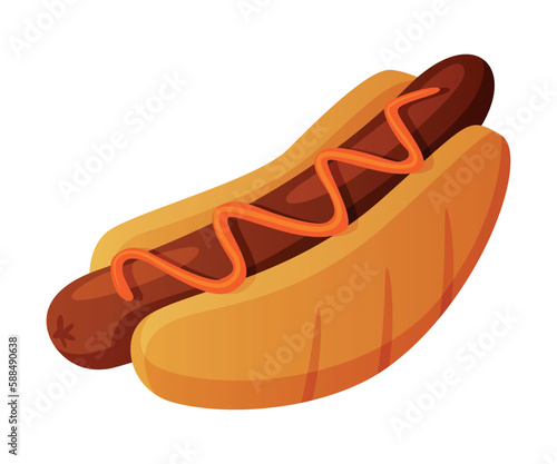 Hot Dog with Sausage Inside Bun with Ketchup as Fast Food Lunch Vector Illustration