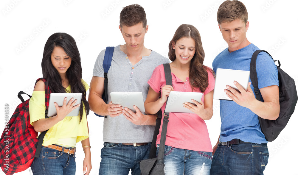 Students with backpacks looking at their tablets Students with backpacks looking at their tablets