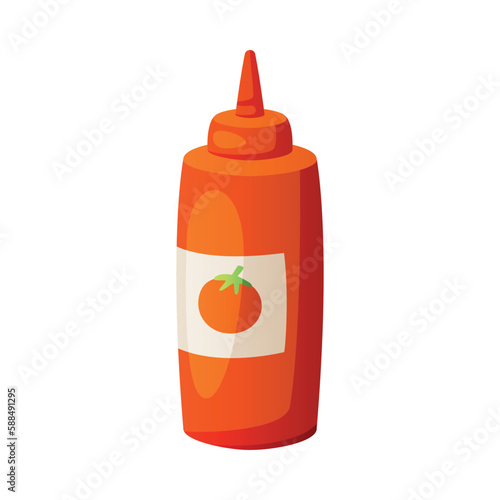 Spicy Ketchup with Label in Plastic Bottle as Dressing for Fast Food Lunch Vector Illustration