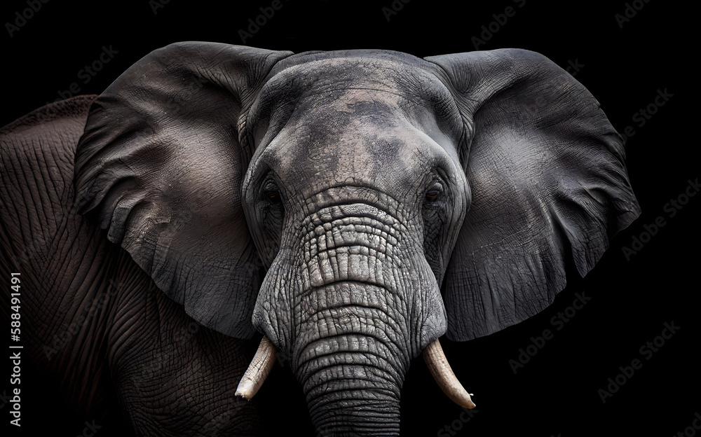 Obraz premium Close-up portrait of an elephant on a black background. Generated AI