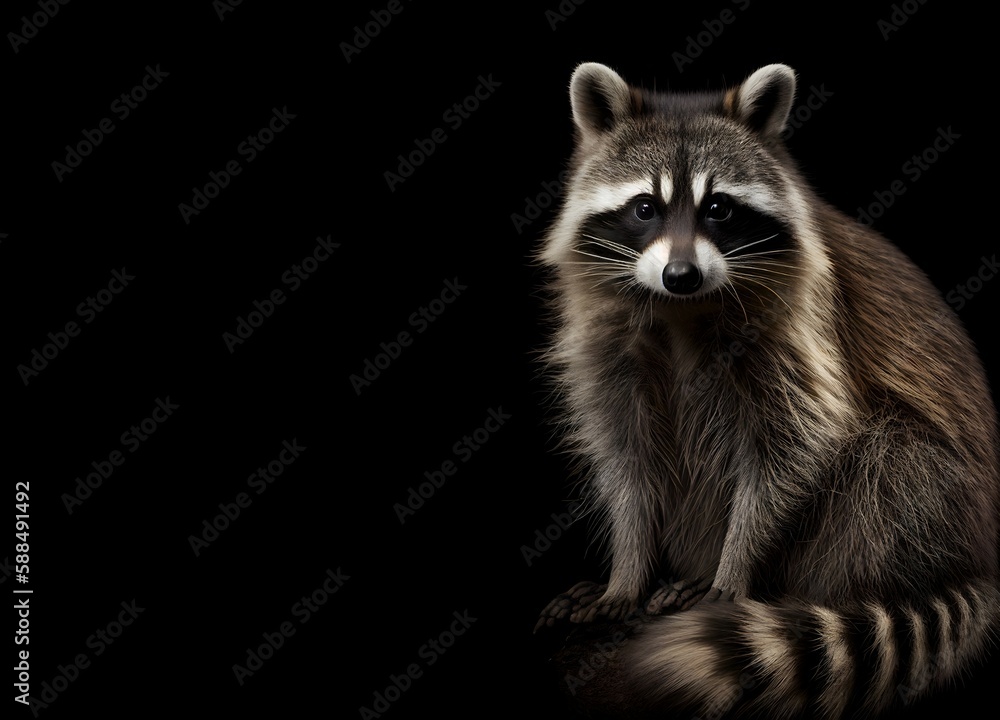 Portrait of a raccoon full body on a black background with space for text. Generated AI