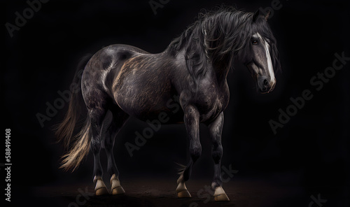 Beautiful dark horse on a black background. Generated AI