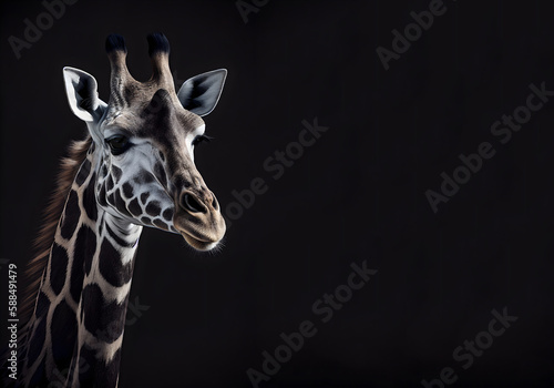 Portrait of a giraffe on a black background with space for text. Generated AI © Anna Lurye