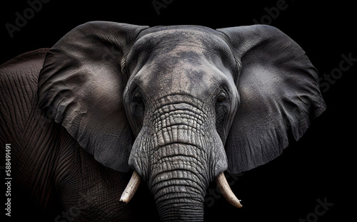 Close-up portrait of an elephant on a black background. Generated AI