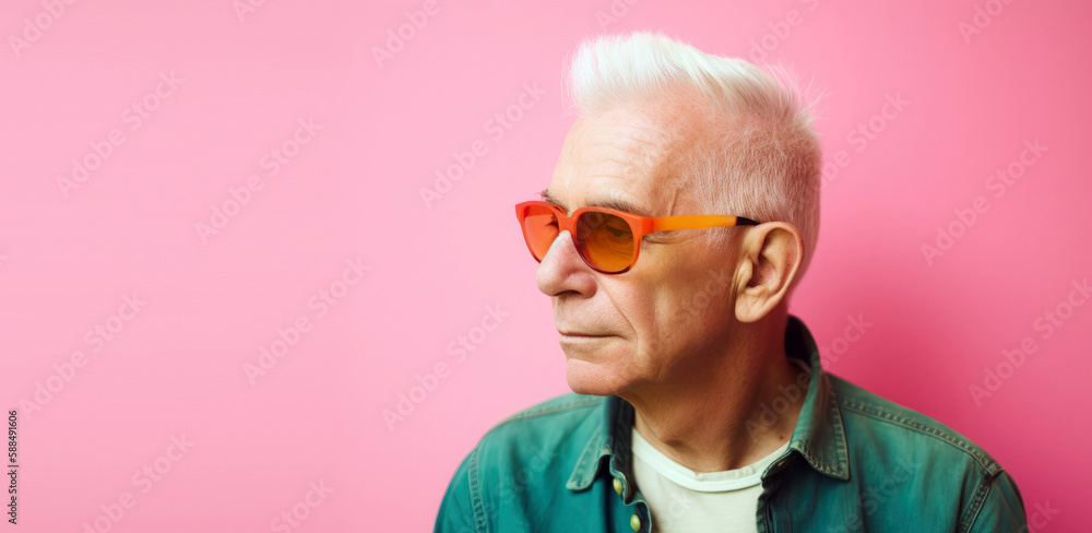 elder man with white color hair and sunglasses on flat pink background with empty space for text (created with Generative AI) elder man with white color hair and sunglasses on flat pink background with empty space for text (created with Generative AI)