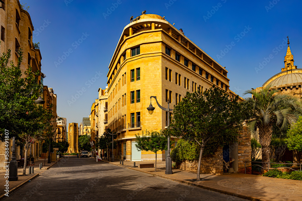 Beirut, the capital city of the state. Old town - Hussein El Ahdab street leading to Etoile Square, the Clock tower in the background, there is Al-Omari Grand Mosque on the right