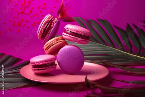 Tasty macaroons with tropical palm leaves on purple background. Dropping macroons. generative ai photo