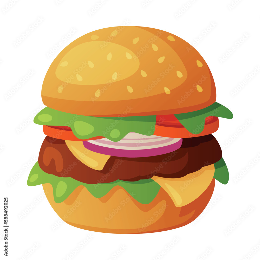 Hamburger with Cheese, Tomato and Ground Meat as Fast Food Lunch Vector Illustration Hamburger with Cheese, Tomato and Ground Meat as Fast Food Lunch Vector Illustration