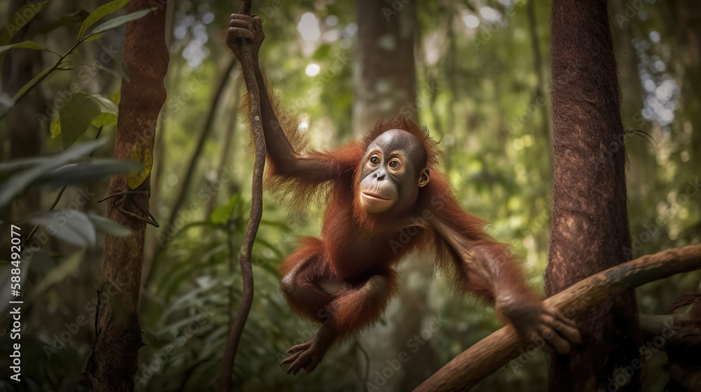 Obraz premium wildlife, a baby orangutan in the habitat. night. Jungle.