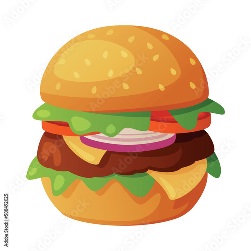 Hamburger with Cheese  Tomato and Ground Meat as Fast Food Lunch Vector Illustration