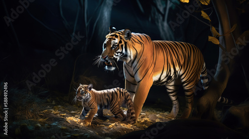 wildlife  a tiger with a cub.