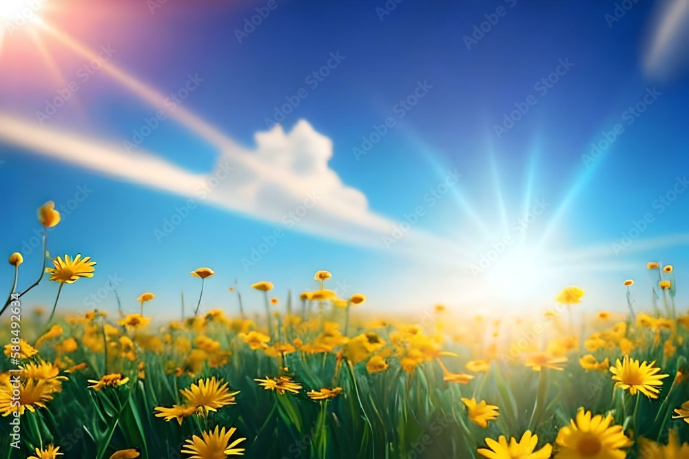 A fresh spring blue sunny sky background with blurred warm sunny glow
