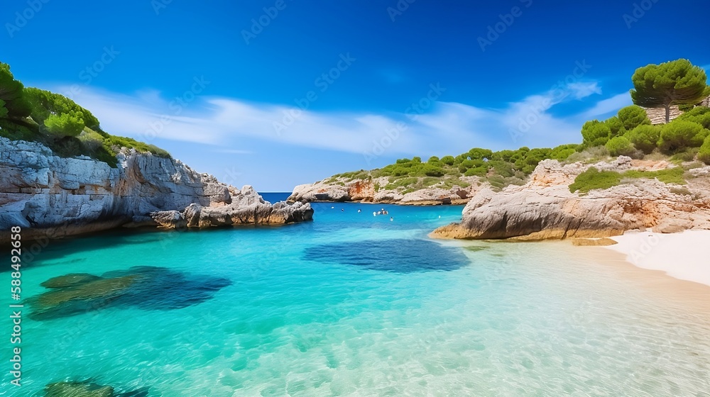 Beautiful beach on Menorca island, Spain. Summer fun, enjoying life, travel and active lifestyle concept. Generative AI