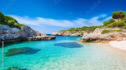 Beautiful beach on Menorca island, Spain. Summer fun, enjoying life, travel and active lifestyle concept. Generative AI © Stitch