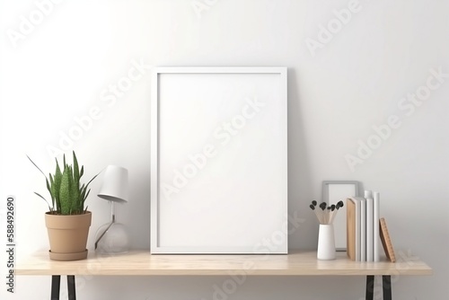 Blank picture frame mockup on white wall in rustic interior. Artwork template mock up in minimal interior design. Generative AI