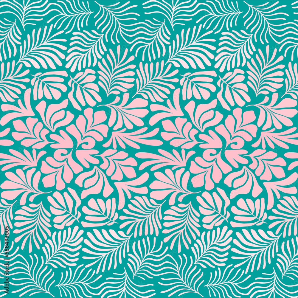 Turquoise pink abstract background with tropical palm leaves in Matisse style. Vector seamless pattern with Scandinavian cut out elements. Turquoise pink abstract background with tropical palm leaves in Matisse style. Vector seamless pattern with Scandinavian cut out elements.
