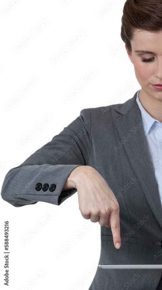 Beautiful businesswoman pointing at digital tablet Beautiful businesswoman pointing at digital tablet