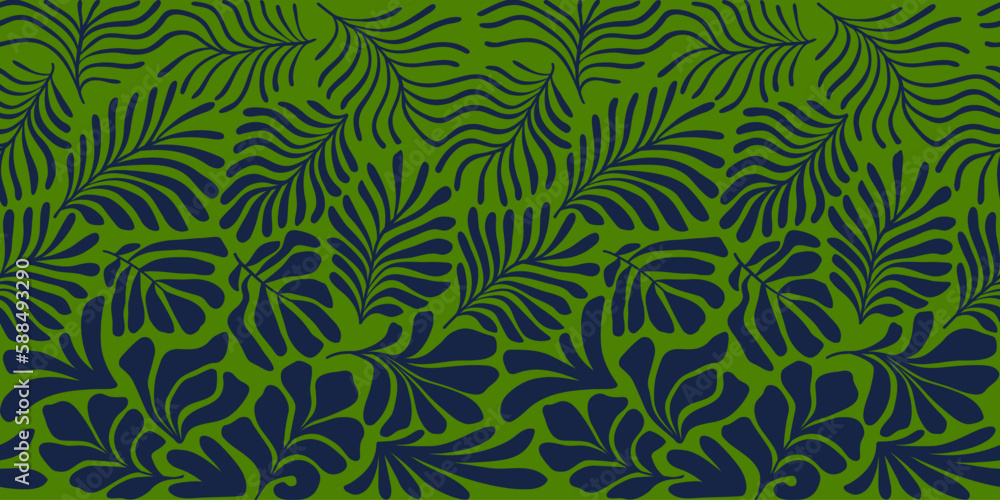 Dark blue green abstract background with tropical palm leaves in Matisse style. Vector seamless pattern with Scandinavian cut out elements. Dark blue green abstract background with tropical palm leaves in Matisse style. Vector seamless pattern with Scandinavian cut out elements.