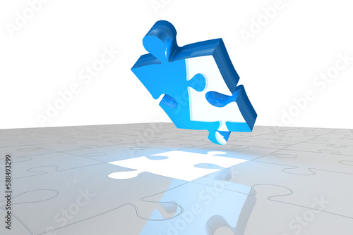 Blue jigsaw piece over puzzle