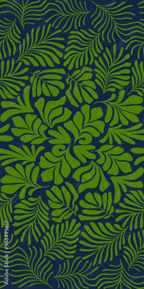 Dark blue green abstract background with tropical palm leaves in Matisse style. Vector seamless pattern with Scandinavian cut out elements. Dark blue green abstract background with tropical palm leaves in Matisse style. Vector seamless pattern with Scandinavian cut out elements.