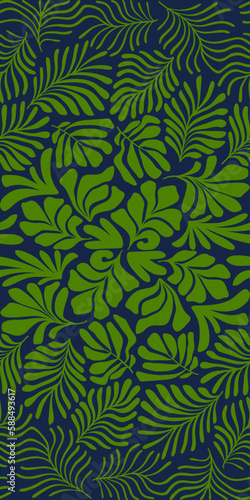 Dark blue green abstract background with tropical palm leaves in Matisse style. Vector seamless pattern with Scandinavian cut out elements.