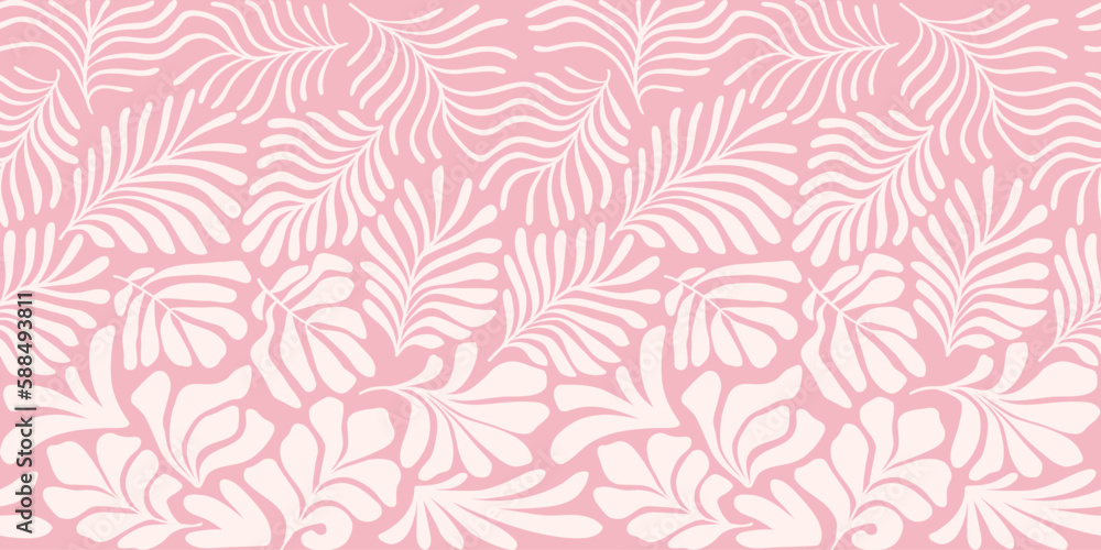 Pink white abstract background with tropical palm leaves in Matisse style. Vector seamless pattern with Scandinavian cut out elements.