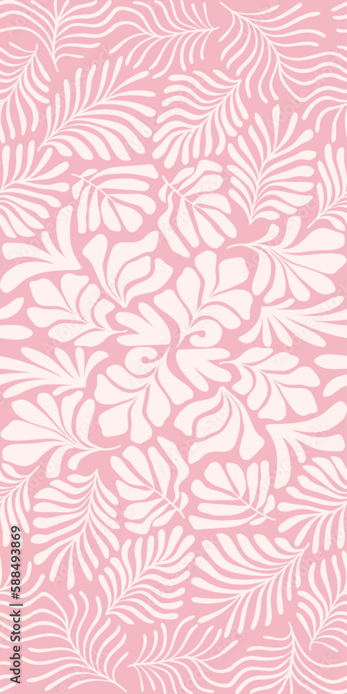 Pink white abstract background with tropical palm leaves in Matisse style. Vector seamless pattern with Scandinavian cut out elements. Pink white abstract background with tropical palm leaves in Matisse style. Vector seamless pattern with Scandinavian cut out elements.