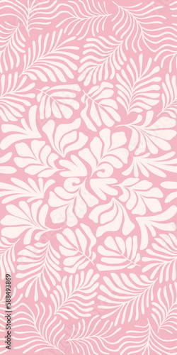 Pink white abstract background with tropical palm leaves in Matisse style. Vector seamless pattern with Scandinavian cut out elements. © Oleksandra