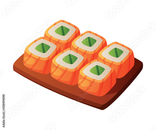 Sushi Roll with Salmon, Rice and Nori on Wooden Board as Fast Food Lunch Vector Illustration