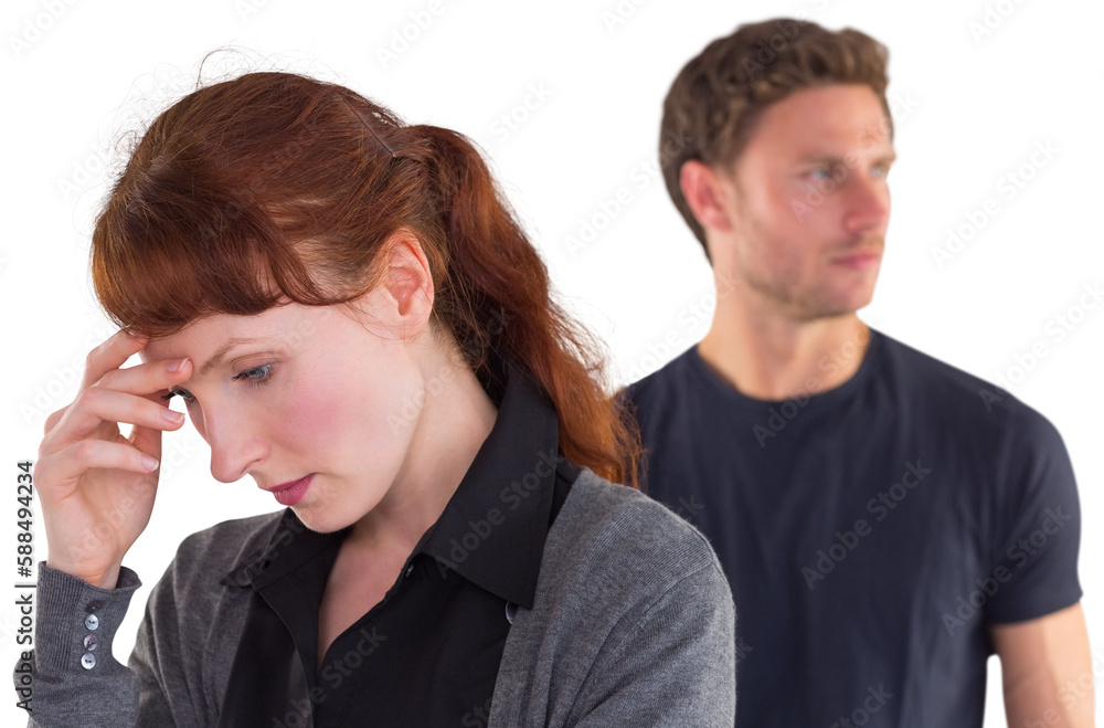 Worried woman with man behind