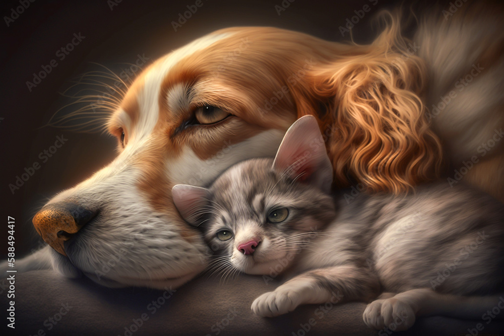 Dog and cat sleeping together in a blanket. Mother dog raise a kitten concept. Made with Generative AI Dog and cat sleeping together in a blanket. Mother dog raise a kitten concept. Made with Generative AI