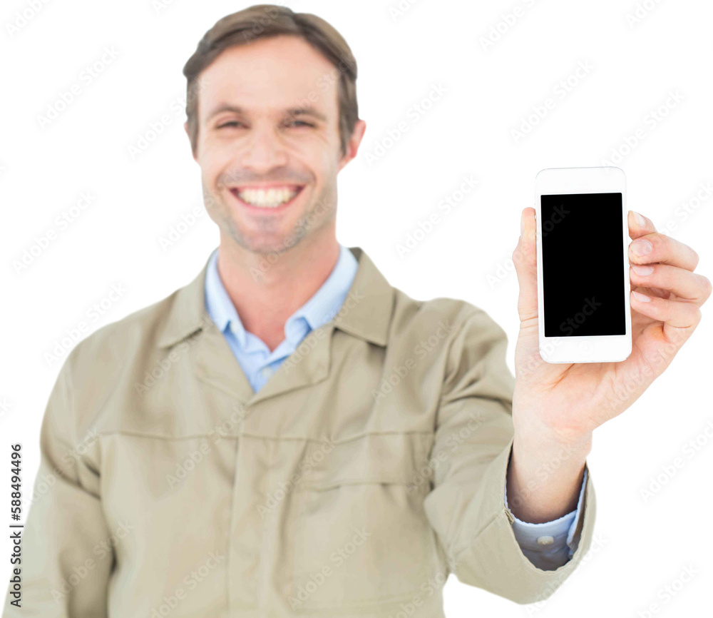 Smiling delivery man showing smart phone