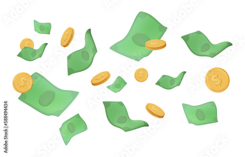 Flying money on white background. Falling dollars bills and gold coins. 3D cartoon realistic money render. Business and finance success. 3D big win or jackpot banner. Vector illustration