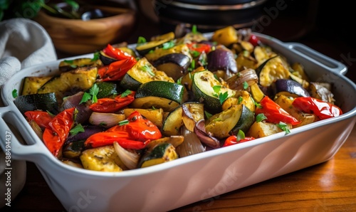  a casserole dish with vegetables in it on a table. generative ai