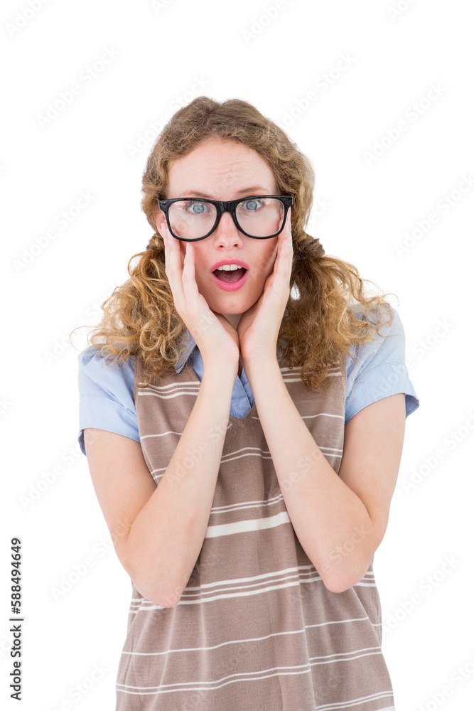 Geeky hipster woman putting her fingers in her ears