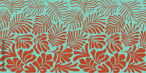 Turquoise brown abstract background with tropical palm leaves in Matisse style. Vector seamless pattern with Scandinavian cut out elements.