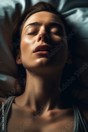 Very attractive woman, lying in bed, sleeping, with her mouth slightly open. Generative AI