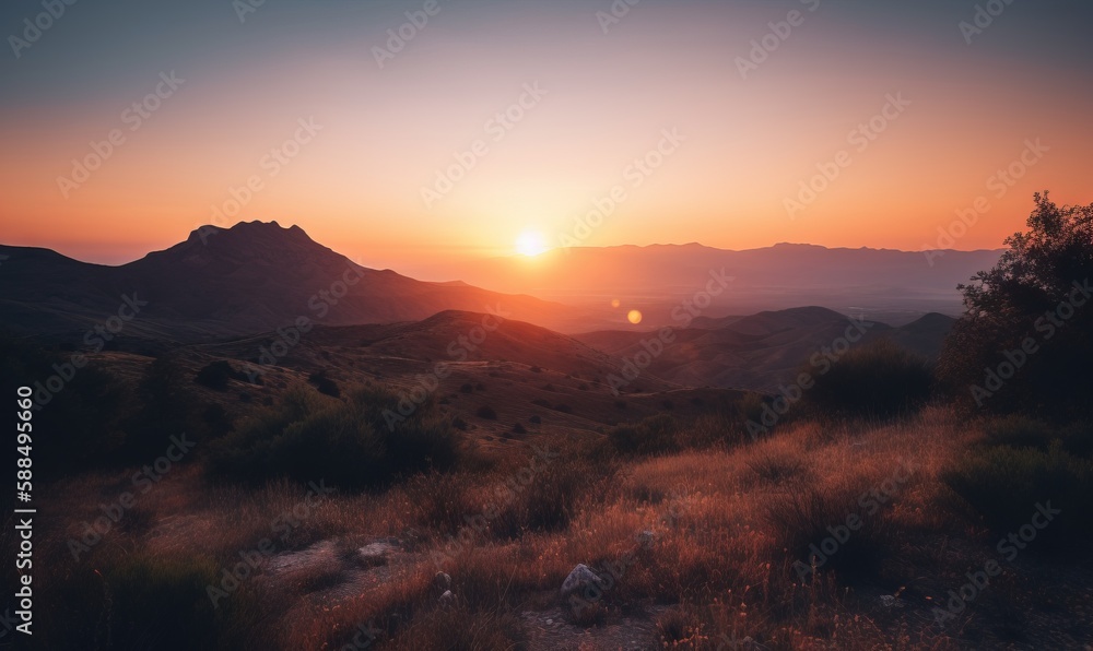  the sun is setting over the mountains in the desert area.  generative ai