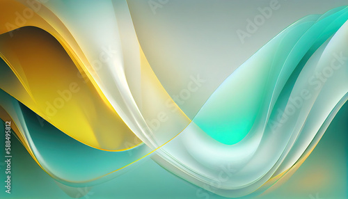 Abstract Shiny neon glass translucent wavy composition with gradient transition, white yellow blue green elegant clean background - generative AI.