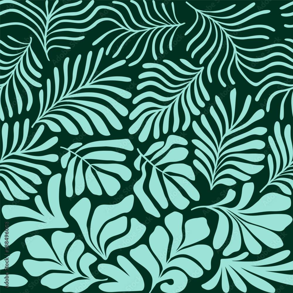 Turquoise green abstract background with tropical palm leaves in Matisse style. Vector seamless pattern with Scandinavian cut out elements. Turquoise green abstract background with tropical palm leaves in Matisse style. Vector seamless pattern with Scandinavian cut out elements.