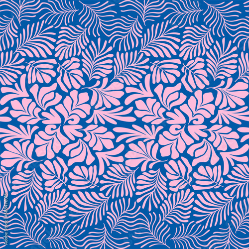 Pink blue abstract background with tropical palm leaves in Matisse style. Vector seamless pattern with Scandinavian cut out elements.