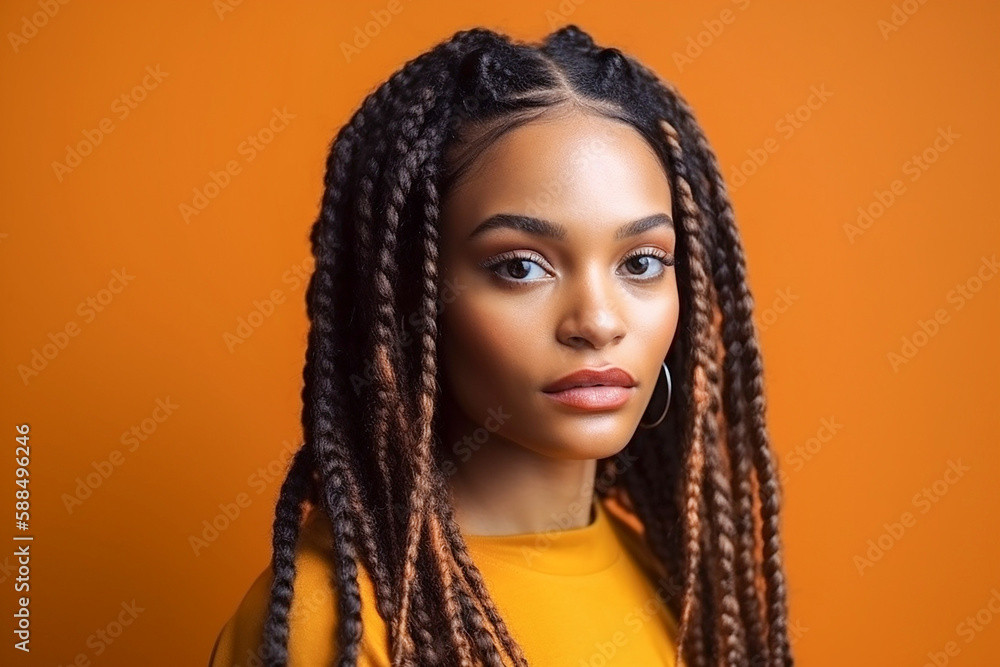 Pretty young afro-american woman with braids on the bright studio background. Generative AI Pretty young afro-american woman with braids on the bright studio background. Generative AI